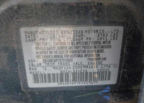 2014 Nissan Sentra Sv z USA, uszkodzony, nr VIN 3N1AB7AP7EY219699